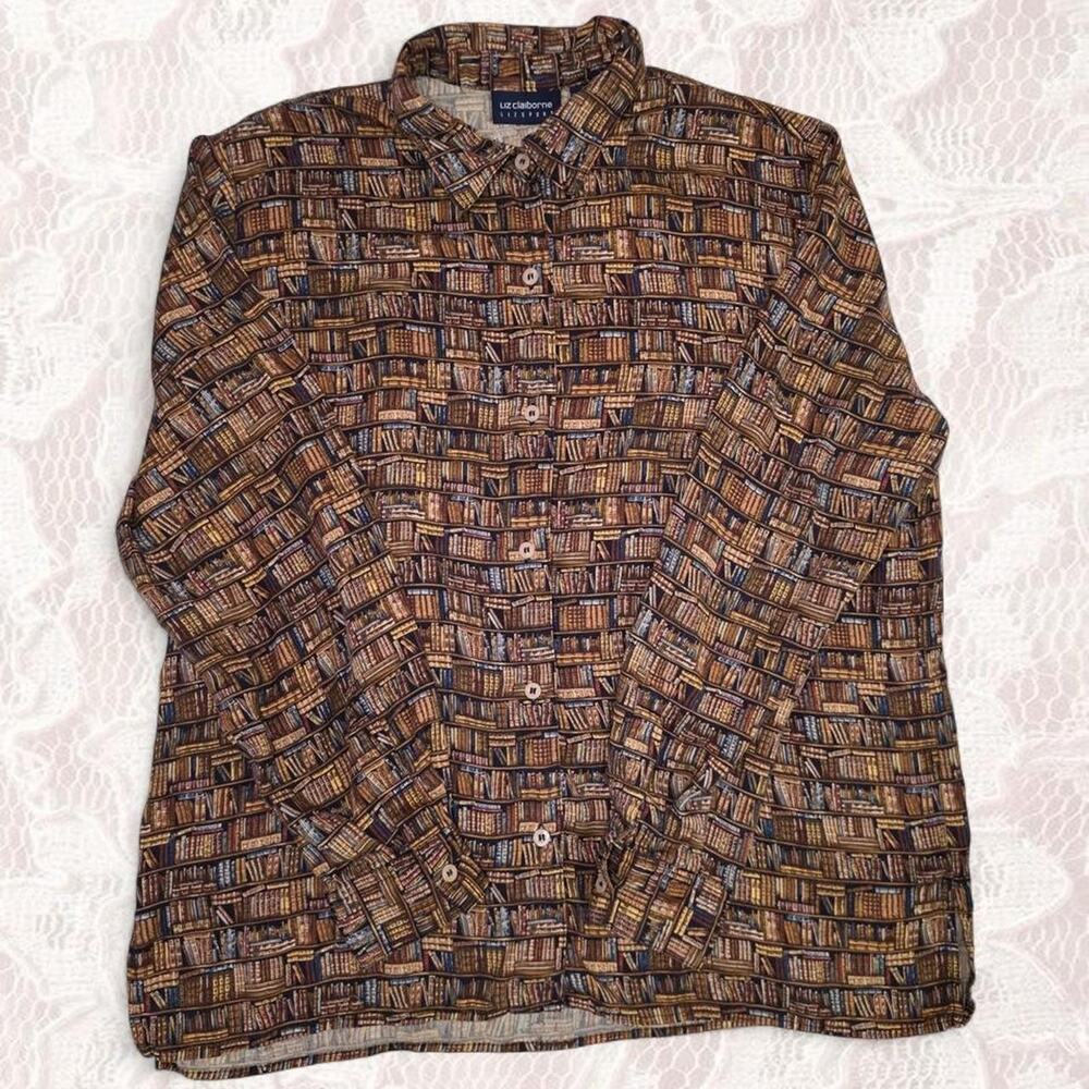 Bookshelf Print Shirt Vintage 90s Liz Claiborne Large